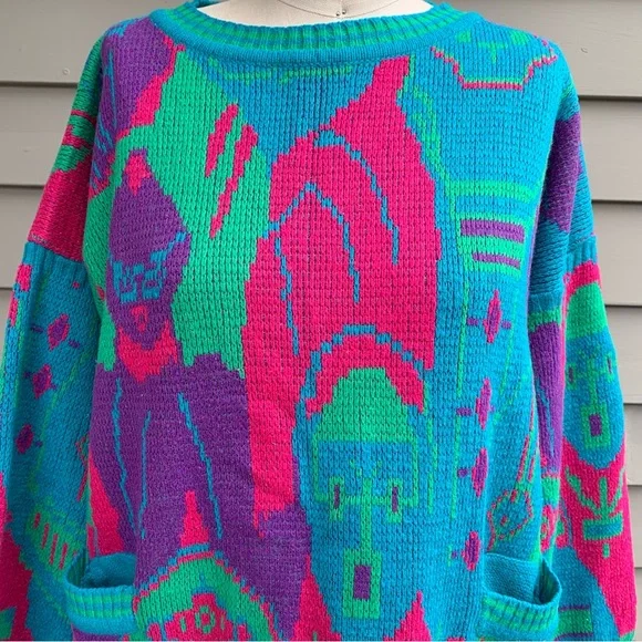 Vintage 80s People Faces Multicolor Kitschy Novelty AOP Sweater - Picture 9 of 16